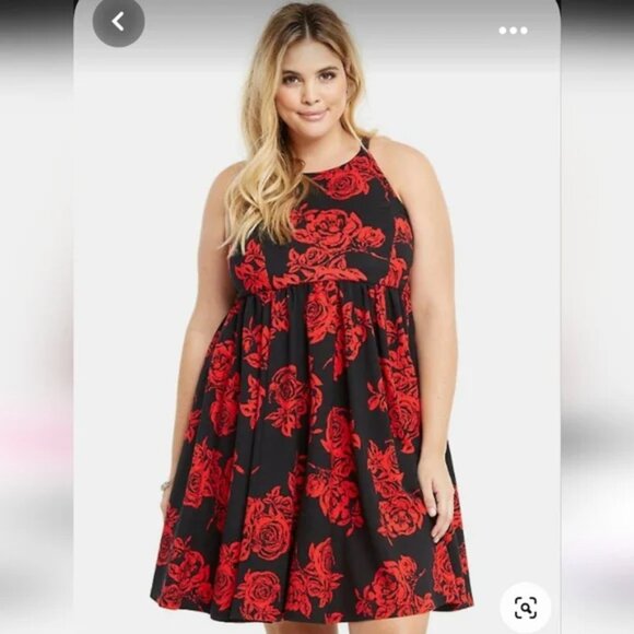 torrid Dresses & Skirts - Torrid Black with Red Roses Sleeveless High-Neck Skater Dress in Size 18